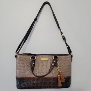 Brahmin Mini Asher Satchel Bag Croc Embossed Rich Dark Brown Grey Tan Luxury